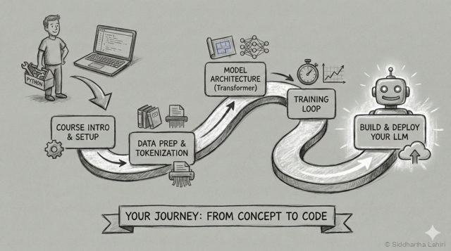 Your journey: From concept to code - A roadmap showing the path from Course Intro & Setup through Data Prep & Tokenization, Model Architecture, Training Loop, to Build & Deploy Your LLM