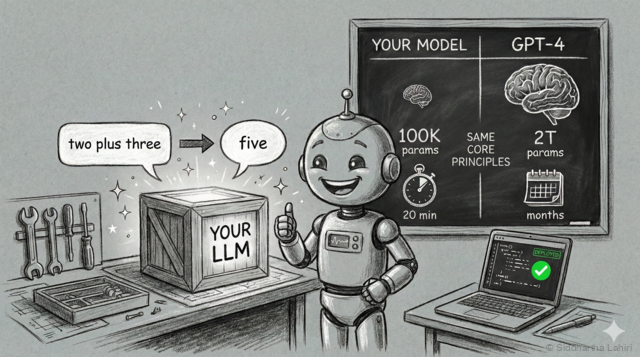 A friendly robot presenting a completed LLM project. The robot gives a thumbs up next to a box labeled 'YOUR LLM' that transforms 'two plus three' into 'five'. A chalkboard behind shows the comparison: Your Model (100K params, 20 min) vs GPT-4 (2T params, months) with 'Same Core Principles' in the middle.